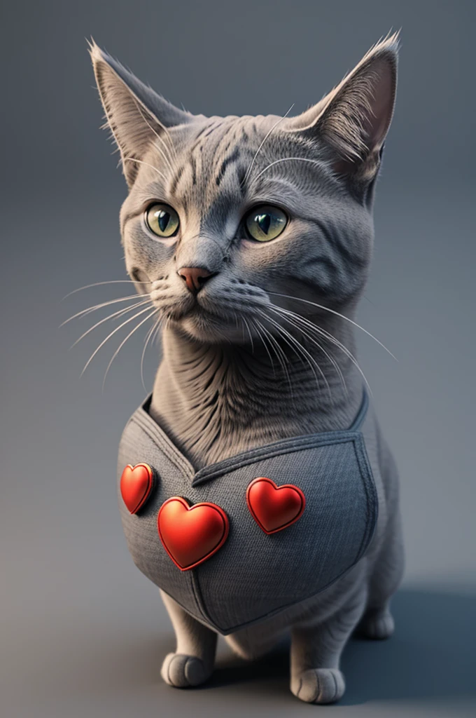 3d gray superhero cat with heart in love eyes