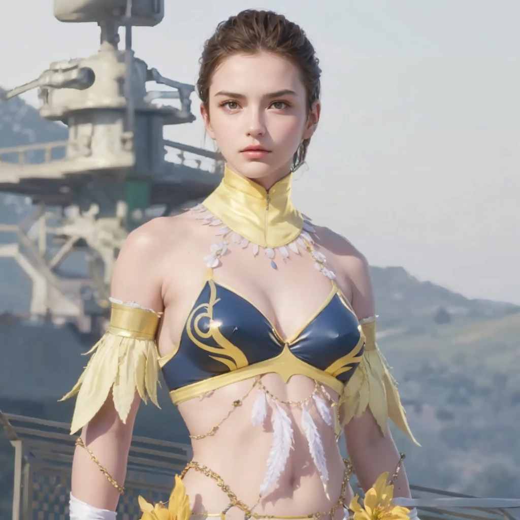 (masterpiece),(best quality),(extremely intricate),(sharp focus),(cinematic lighting),(extremely detailed),A young girl in armor,standing in a meadow of wildflowers. She is holding a sword. She has long brown hair adorned with wildflowers. Her expression is determined,and her eyes are shining with courage. The sun is shining brightly behind her,casting a golden glow over the scene.,flower4rmor,flower bodysuit,Flower,
