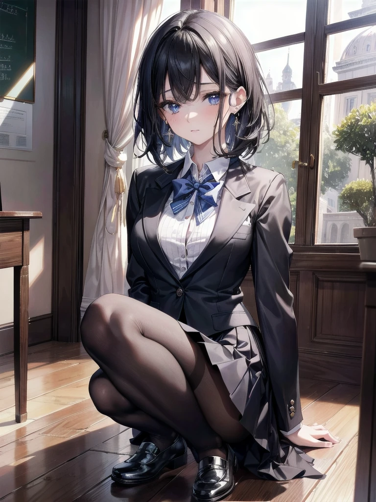 absurdres, RAW photo, extremely delicate and beautiful, masterpiece, Best Quality, ultra high resolution, 32k, hyperrealistic, ultra-detailed, in her 20s, delicate facial features, beautiful detailed girl, tearful mole, earring, medium breasts, full body shot, medium hair, black hair, school_uniform, blazer,