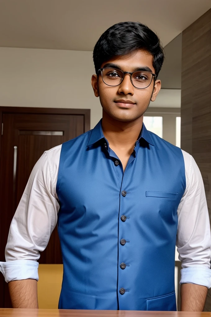 21 year old indian boy With fair skin Wearing spectacles and narrow body Posing for a linkedin picture in formals