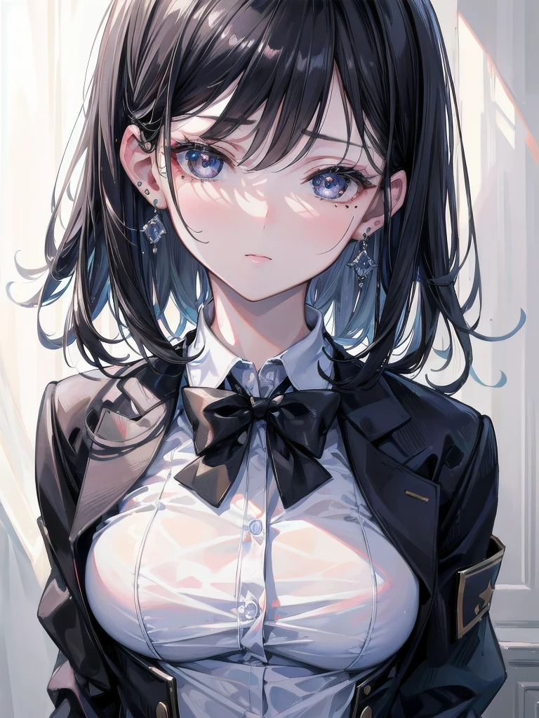 absurdres, RAW photo, extremely delicate and beautiful, masterpiece, Best Quality, ultra high resolution, 32k, hyperrealistic, ultra-detailed, in her 20s, delicate facial features, beautiful detailed girl, tearful mole, earring, medium breasts, full body shot, medium hair, black hair, school_uniform, blazer,