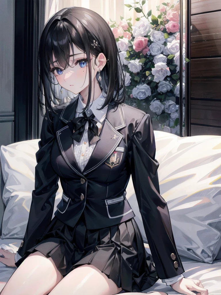 absurdres, RAW photo, extremely delicate and beautiful, masterpiece, Best Quality, ultra high resolution, 32k, hyperrealistic, ultra-detailed, in her 20s, delicate facial features, beautiful detailed girl, tearful mole, earring, medium breasts, full body shot, medium hair, black hair, school_uniform, blazer,