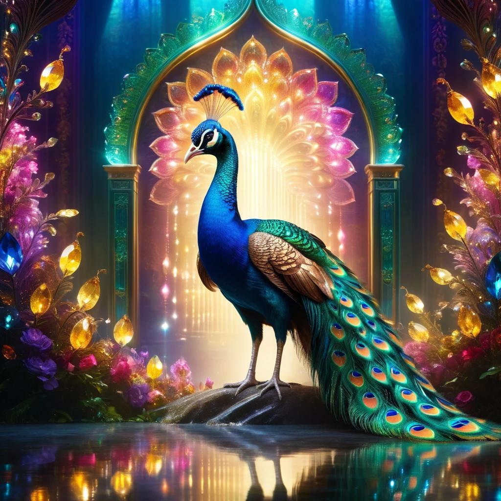 Peacock，Front upright，Crystal sparkle，Peacock开屏，Looking at the audience，fantasy，Colorful tones，masterpiece，Dramatic ethereal beauty，Panoramic view：1.2，Three light sources，reflected light