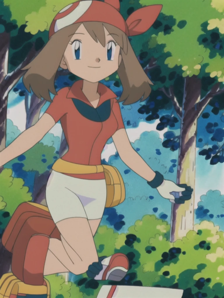 asbsurdres, highres, best quality, masterpiece, outdoors, 1girl, solo, may (pokemon), smile, fanny pack