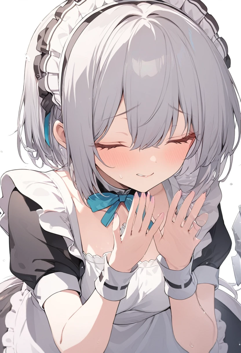 1 Girl,Maid clothes,Gray Hair,Close your eyes and laugh,short hair,Beautiful Hands,Highest quality,masterpiece,Beautiful composition、knife