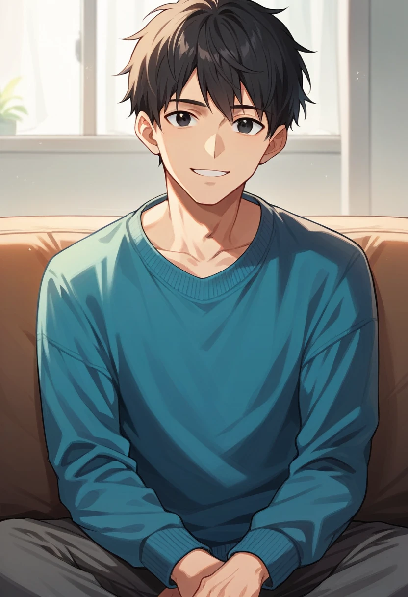 1boy, Accurate describe shapes, collarbone, straight hair, short hair, black hair, black eyes, sweater, pants, solo, close-up, solo, sitting, sofa, indoors, looking at viewer, smile