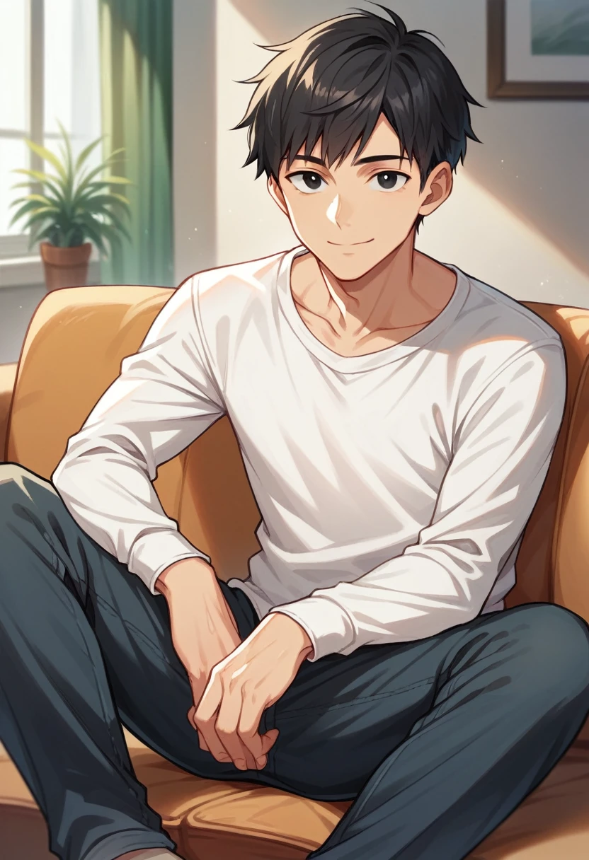 1boy, Accurate describe shapes, collarbone, straight hair, short hair, black hair, black eyes, sweater, pants, solo, close-up, solo, sitting, sofa, indoors, looking at viewer, smile