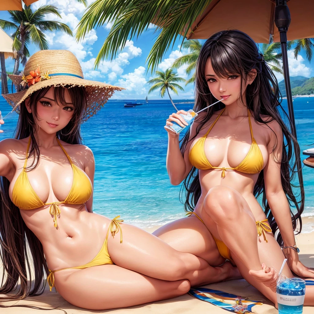 NSFW, sexy, A beautiful woman in a bikini, under a beach umbrella's shade on a tropical resort beach, drinking tropical juice; she has a well-toned figure, and her colorful, sexy bikini enhances her charm; the background features a vibrant beach with palm trees, clear blue sky, and sparkling ocean waves; sunlight and reflections add to the scene's richness, with light filtering through the umbrella and reflecting off the sand and water; the scene is rich with intricate details and delicate touches, rendered in a highly realistic anime style with maximum resolution and quality; various beach accessories like sunglasses and a suntan oil bottle are placed nearby; this time, she is in a bold, alluring pose, reclining on her side with one leg bent and the other extended, holding her drink with a confident and seductive expression.