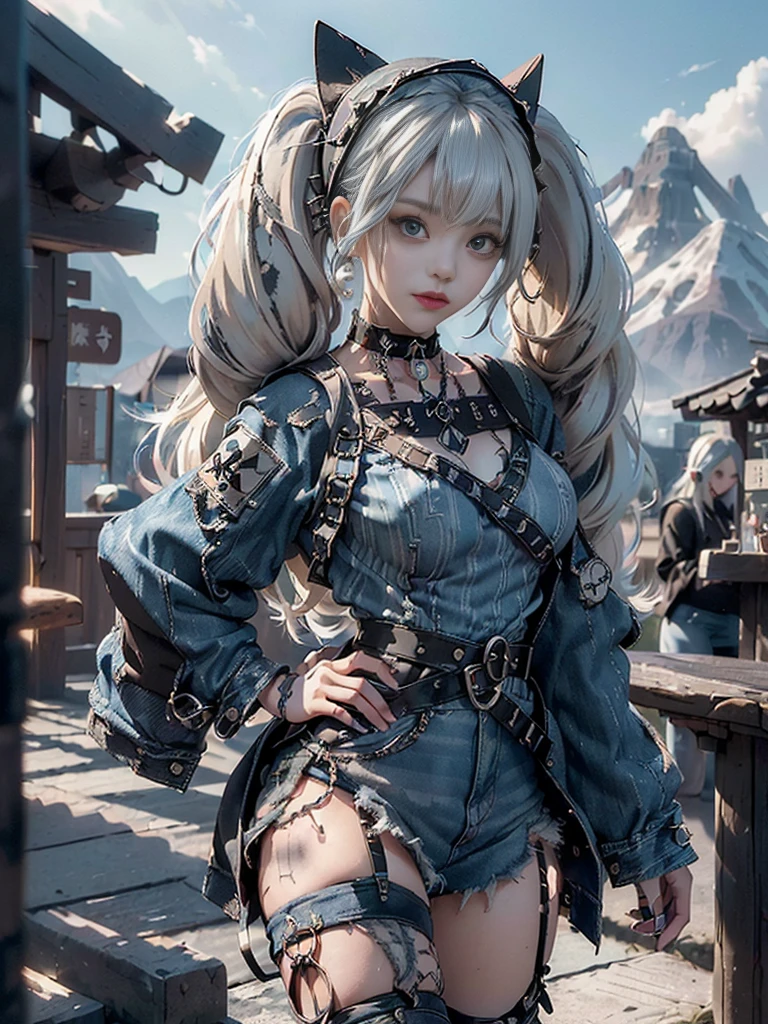 (Full Body View:1.3)、(Beautiful lips and nose:1.4)、(Long eyelashes:1.4)、(Side view:1.1)、(Smiling with teeth showing:1.3),(Shibuya Gal:1.5)、(Gothic Lolita delicately decorated dress:1.5)、(Tattered denim and black punk rock cargo pants:1.5)、(Denim and black navy skull mark small jacket:1.4)、(denim garter belt:1.5)、(Black and denim knee socks:1.3)、(Skull Silver Accessories:1.5)、(Denim collar:1.3)、(Brown Skin Belt:1.4)、(Brown boots:1.2)、(The underwear is striped:1.4)、31 years old、((Highest quality、In 8K、masterpiece:1.3))、Sharp focus:1.2、(Layered Cut、Huge boobs:1.1),Beautiful woman with perfect figure:1.4、(Dancing vigorously:1.3)、Slender Abs:1.2、Highly detailed face and skin texture、Detailed eyes、double eyelid,(Twin tails:1.3)、(Cream colored hair:1.3)、Gravure idol、(The background is a vast mountain with a clear view々Beautiful luxury resort destination in Europe:1.3)、(Slim body:1.2),(Make your legs thinner:1.4),(clavicle:1.1)