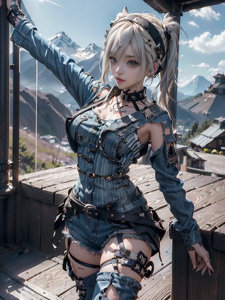 (Full Body View:1.3)、(Beautiful lips and nose:1.4)、(Long eyelashes:1.4)、(Side view:1.1)、(Smiling with teeth showing:1.3),(Shibuya Gal:1.5)、(Gothic ta delicately decorated dress:1.5)、(Tattered denim and black punk rock cargo pants:1.5)、(Denim and black navy skull mark small jacket:1.4)、(denim garter belt:1.5)、(Black and denim knee socks:1.3)、(Skull Silver Accessories:1.5)、(Denim collar:1.3)、(Brown Skin Belt:1.4)、(Brown boots:1.2)、(The underwear is striped:1.4)、31 years old、((Highest quality、In 8K、masterpiece:1.3))、Sharp focus:1.2、(Layered Cut、Huge boobs:1.1),Beautiful woman with perfect figure:1.4、(Dancing vigorously:1.3)、Slender Abs:1.2、Highly detailed face and skin texture、Detailed eyes、double eyelid,(Twin tails:1.3)、(Cream colored hair:1.3)、Gravure idol、(The background is a vast mountain with a clear view々Beautiful luxury resort destination in Europe:1.3)、(Slim body:1.2),(Make your legs thinner:1.4),(clavicle:1.1)