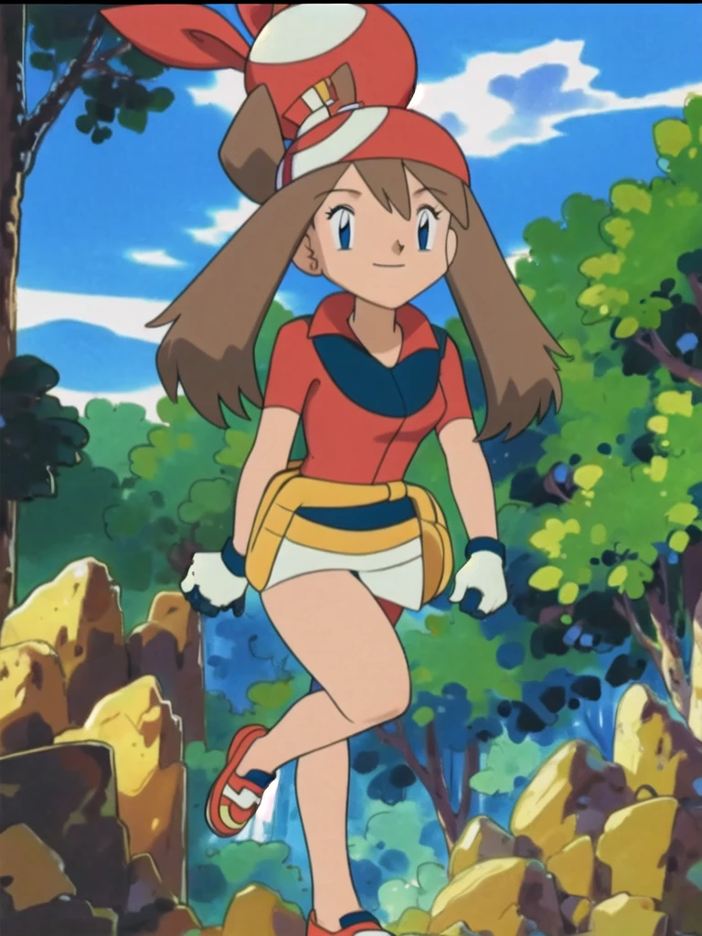 asbsurdres, highres, best quality, masterpiece, outdoors, 1girl, solo, may (pokemon), smile, fanny pack