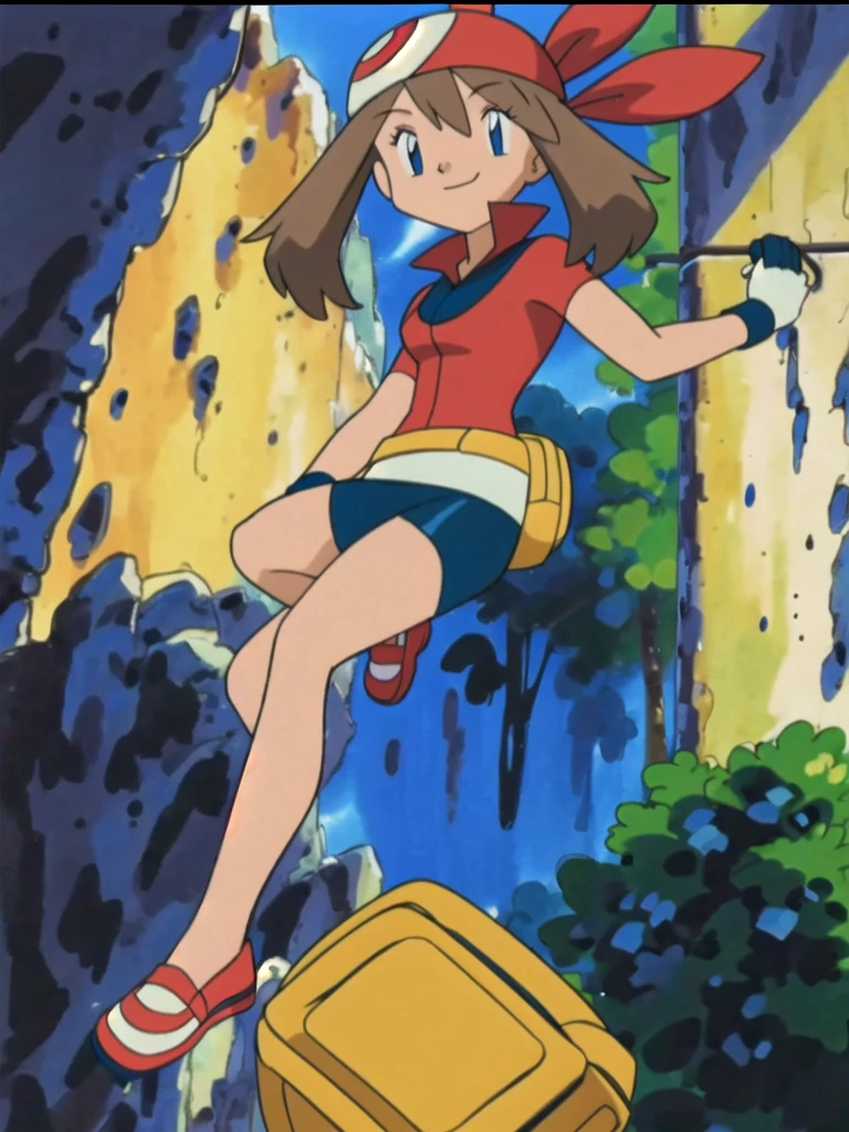 asbsurdres, highres, best quality, masterpiece, outdoors, 1girl, solo, may (pokemon), smile, fanny pack