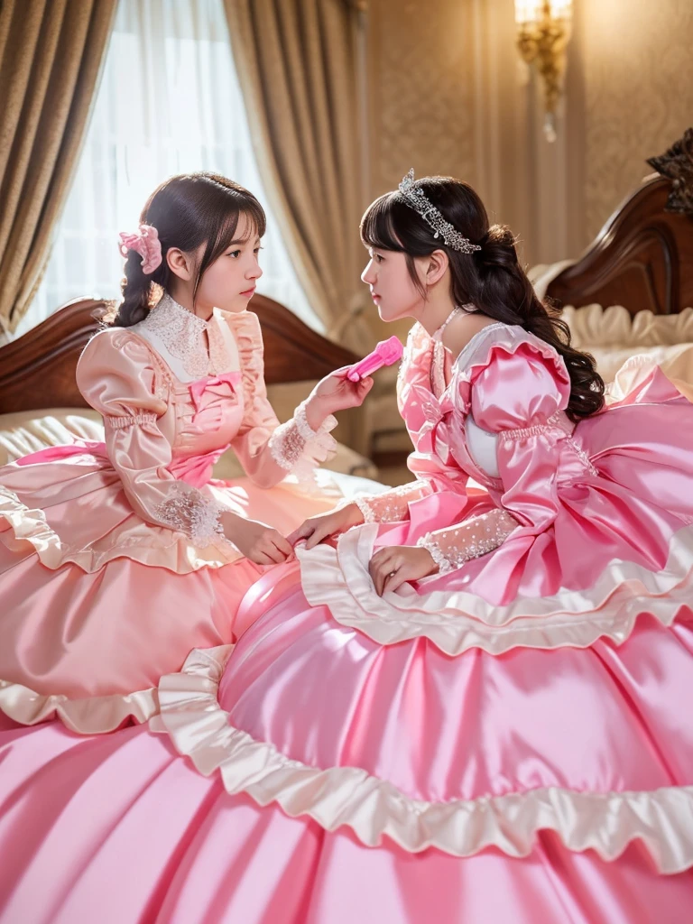 ,highest quality, masterpiece, highest resolution, artwork, super それにget used to it, many get used to it, get used to it, それにget used to it, 3K realistic photos,,((25 year old lesbian womans ate kissing)),Super detailed face,both are princesses,detailed luxury tiara,Full length ball gown dress with hoop skirt,ruffle yoke collar,Detailed braided ribbon at chest,puff sleeves,long sleeve,((lolita style hot pink princess satin dress、Comes with lots of frills and ribbons。)),crazy'colorful fashion,shiny silk satin dress,soft and smooth silk satin fabric,luxury,Very long blonde hair,blue eyes,white skin european,pajamas,((inside the palace)),Princess dancing happily,gorgeous flowing dress,fine white frills and lace,Super long hair that is as tall as your body,white long socks,drawers with lots of frills,castle bedroom at night,Super long flowing hair,on the bed,Luxurious canopy on the bed,Huge, spacious bed,Pink pillow with lots of frills,Silk satin pink curtains with luxurious ruffles and ribbons surround the bed,princess sitting on bed,Pillows piled up behind the princess,A princess leaning on a pile of pillows,Long hair scattered like a fan on the bed,kissing,
, they are wearing hot pink lipgloss,big breast