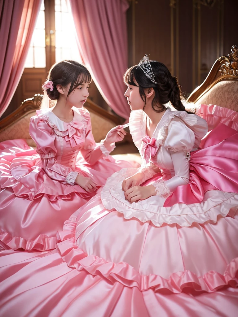 ,highest quality, masterpiece, highest resolution, artwork, super それにget used to it, many get used to it, get used to it, それにget used to it, 3K realistic photos,,((25 year old lesbian womans ate kissing)),Super detailed face,both are princesses,detailed luxury tiara,Full length ball gown dress with hoop skirt,ruffle yoke collar,Detailed braided ribbon at chest,puff sleeves,long sleeve,((ta style hot pink princess satin dress、Comes with lots of frills and ribbons。)),crazy'colorful fashion,shiny silk satin dress,soft and smooth silk satin fabric,luxury,Very long blonde hair,blue eyes,white skin european,pajamas,((inside the palace)),Princess dancing happily,gorgeous flowing dress,fine white frills and lace,Super long hair that is as tall as your body,white long socks,drawers with lots of frills,castle bedroom at night,Super long flowing hair,on the bed,Luxurious canopy on the bed,Huge, spacious bed,Pink pillow with lots of frills,Silk satin pink curtains with luxurious ruffles and ribbons surround the bed,princess sitting on bed,Pillows piled up behind the princess,A princess leaning on a pile of pillows,Long hair scattered like a fan on the bed,kissing,
, they are wearing hot pink lipgloss,big breast