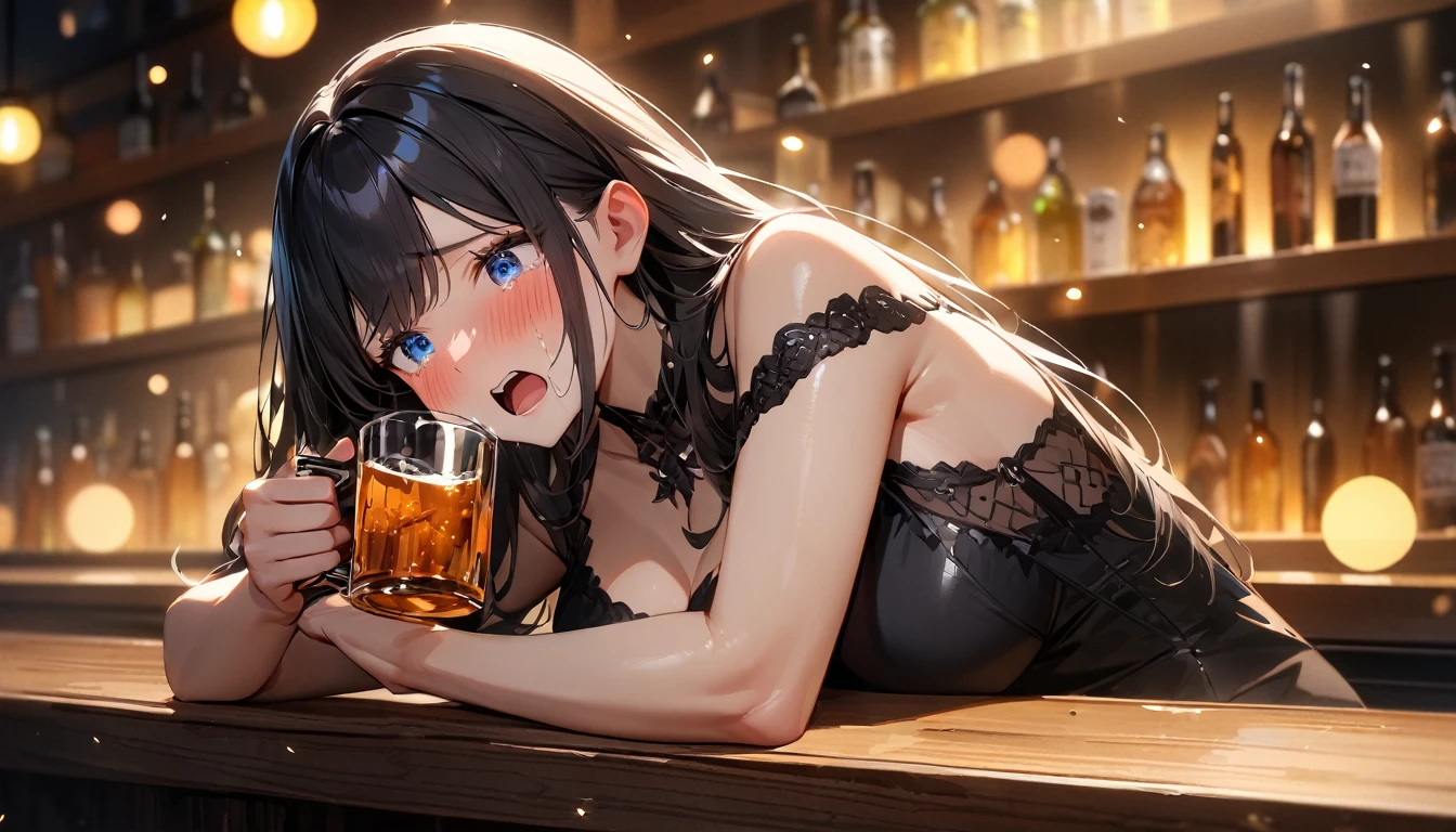(best quality, 4K, high resolution, masterpiece:1.2, Extremely detailed, Extremely detailed eyes,Ultra HD, Studio Lighting, Ultra-fine painting, Clear focus, Physically Based Rendering, Extremely detailed的描述, professional, Bright colors, Bokeh),masterpiece,best quality,1girl,独奏,black hair,long hair,blue eyes,sad,shouting,tears,(drunk,blush),sitting,drinking,((Mature sexy body)),Black stockings,holding mug,counter,pub,