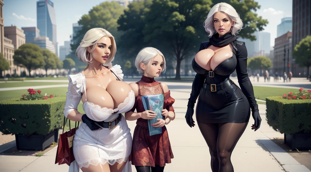 MILF, 2girls, large breasts, gigantic breasts, huge breasts, mature female, heavy breasts, short hair, silver hair, light skinned female, Sweater dress, cropped top, thick dress, Violet scarf, orange eyes, large, Curvy waist , Breasts resting on arms, arms under breasts, Looking at viewer, edges of bra on dress, cleavage, in city park, holding shopping bag, full breasts, breasts larger than head, Face Mature, Curvy female, thick thighs, voluptuous female, Full body shot, red dress, elegant dress, lace pantyhose, Belt on the dress, Flower printed on the dress, delicate gloves, Bra strap appears, soft breasts, breasts are pressed against each other, Female focus, Mom's breasts, mom, Mother and daughter, Pink bra, dyed hair, many hairstyles, full body view.