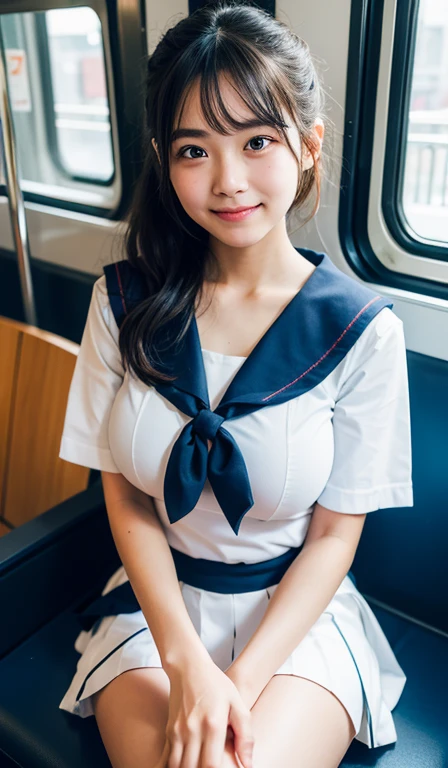 masterpiece, Best Quality, 8K, 15yo student, Teen, Raw photo, absorbers, award winning portrait, Smile, Solo, Night, neon's, Idol face, Delicate girl, updo hair, ((large breasts :1.3)), (sailor uniform:1.3) , Looking at Viewer, Caid, Sophisticated, cute face, slim body, smile face, Thin arms, Professional Lighting, Film grain, chromatic aberration, (Eyes and faces with detailed:1.0), , closes mouth , (inside the train), (spread your legs), sitting on seat