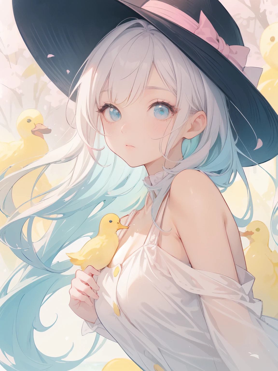 anime girl in a hat and shorts with ducks in the water, multicolor hair, (blue to pink hair:1.5,)an anime drawing by Kamagurka, trending on pixiv, process art, splash art anime , from the azur lane videogame, from girls frontline, cute art style, duckies, yellow. (color palette: yellow, pink, blue, pastel tones:1.5), ❤🔥🍄🌪, , azur lane style, fantasy duck concept portrait,LIME GREEN neon background of a forest 