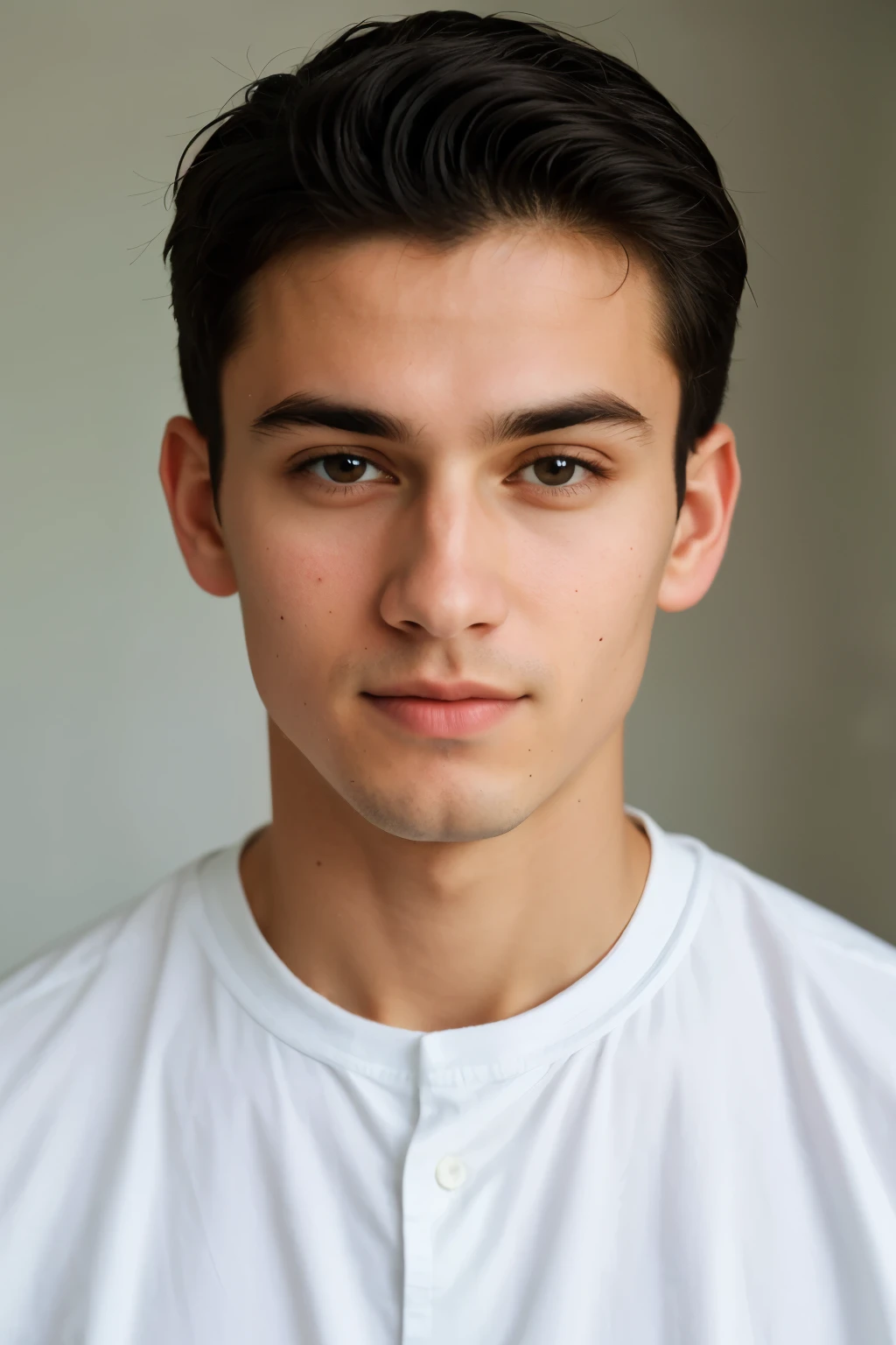 Image in colour. Portrait of a very handsome man of , European appearance. Standing straight, arms at the seams, shoulders straight, body straight, head straight, looking straight in front of him. Serious expression of the face. Bust. Full-face. He's posing for a passport photo. The main thing is to maintain a neutral frontal pose with an upright head and open eyes, with the face clearly visible and centred in the frame. Both ears are visible.