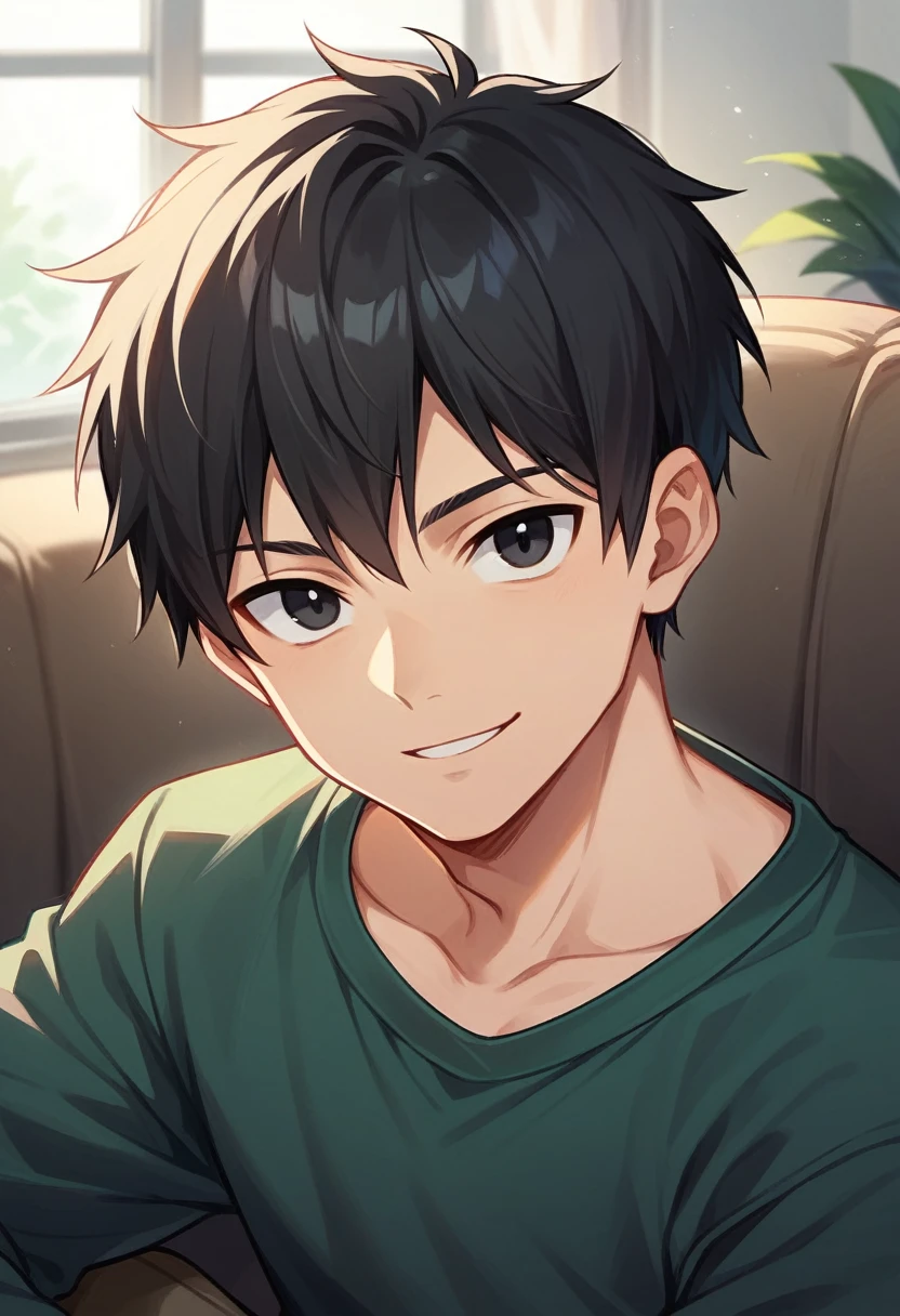 1boy, Accurate describe shapes, collarbone, straight hair, short hair, black hair, black eyes, sweater, pants, solo, close-up, solo, sitting, sofa, indoors, looking at viewer, smile