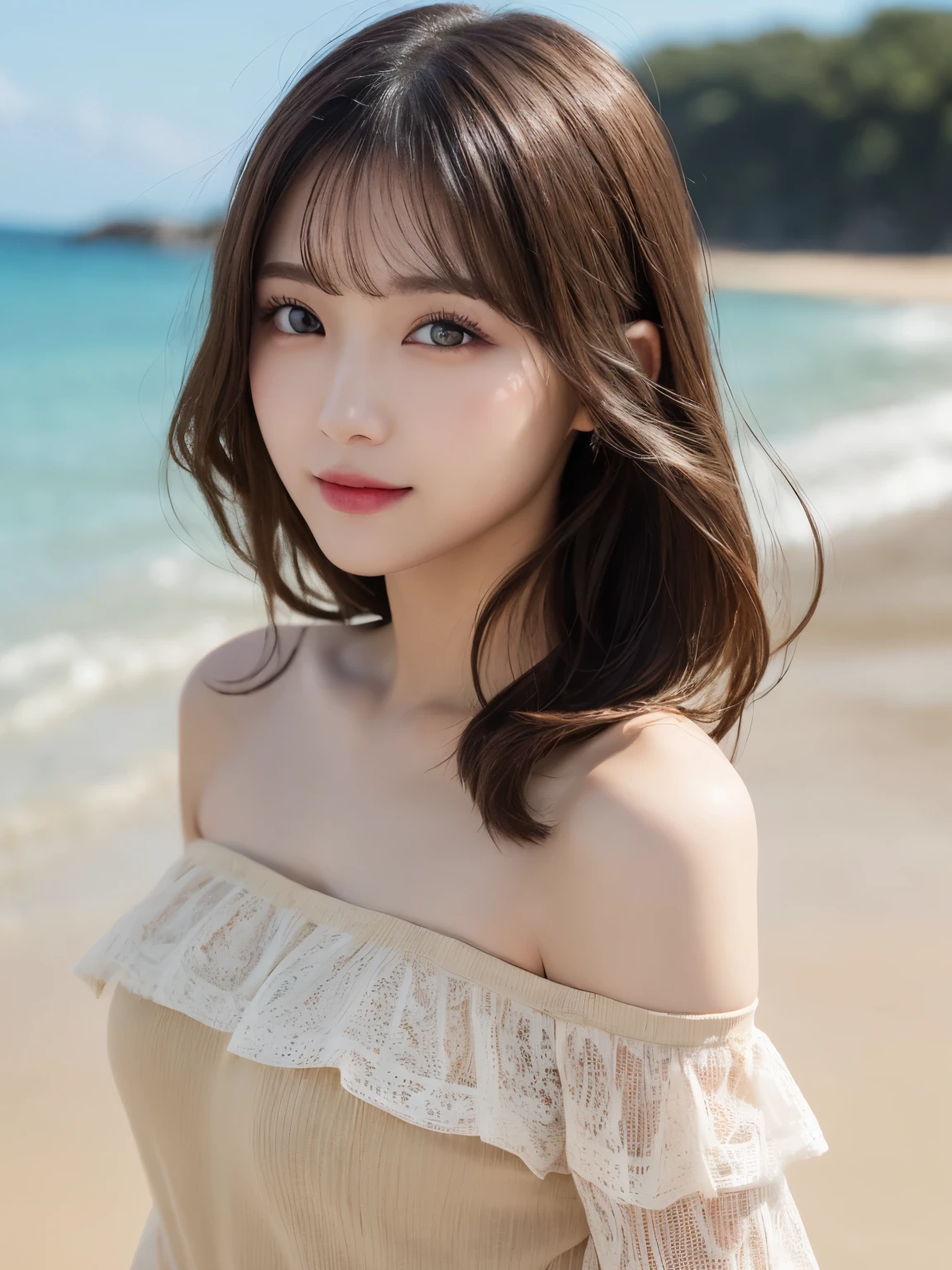 table top, highest quality, shape, Super detailed, finely, High resolution, 8k wallpaper, Perfect dynamic shape, beautiful and detailed eyes, D cup, natural color lip, random sexy pose,smile、20 year old girl、midnight、Beautiful and dense face、perfect and beautiful face,Big eyes、real photos(best image quality),Sheer off-shoulder dress (beige)、looking at camera、Please stand、Do gal makeup,blurred private beach background