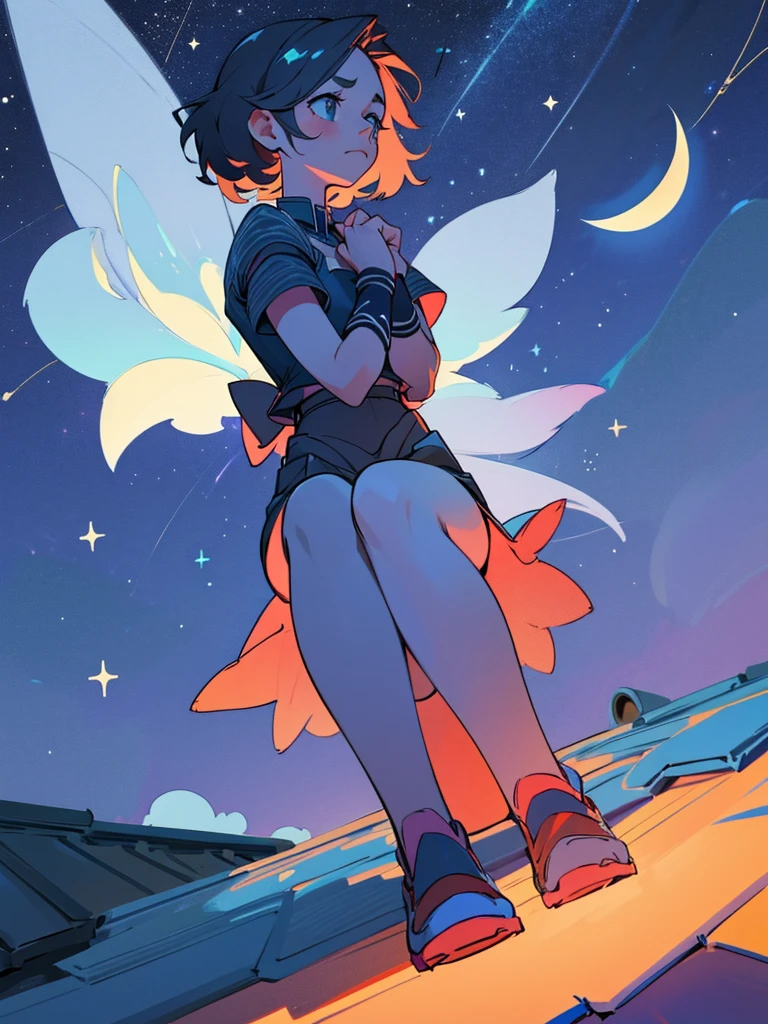 Girl sitting on the roof of a house, clasping your knees with your hands, and looks thoughtfully at the night sky, Star-studded. She&#39;s wearing a cozy sweater and her favorite cat socks.. Nearby there is a mug with still warm cocoa. The atmosphere is quiet and peaceful, All you can hear is the chirping of crickets and the rustling of leaves in the wind.