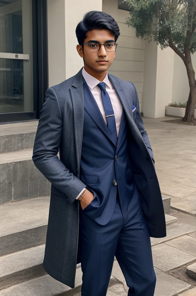 21 year old indian boy With fair skin Wearing spectacles and narrow body Posing for a linkedin picture in formals coat