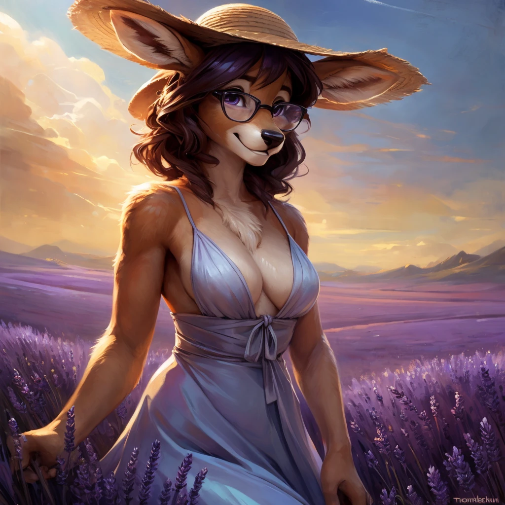 uploaded on e621, by Pixelsketcher, by Bayard Wu, by Thomas Benjamin Kennington , by Einshelm, by hioshiru and kenket, Chunie, portrait, solo anthro female deer doe, with small featureless breasts, clear dark blue, cinematic lighting, day, sunny day, lavender field, stays in a lavender field, lavender field background, mediterranean background, horizon background, shiny, short curly dark brown hair, wears big black nerd glasses, very very beautiful furry art, furry art, smiling, joyful, shiny, happy, feminine, cute face, muzzle, fluffy chest, flawless face, Fallow deer, 1girl, Sakimichan is beautiful, Masterpiece, Wavethesallow Face, shiny, Detailed image, portrait, Detailed image, portrait, full body, wearing pure white and wide spaghetti straps dress, wearing big and wide beige summer straw hat, shiny, realistic face, perfect anatomy, hourglass body, (furry body:1.1), anthropomorphic deer, looks at the viewer, small fluffy tail, detailed background, (cute anatomy:1.1), stands in a lavender field
