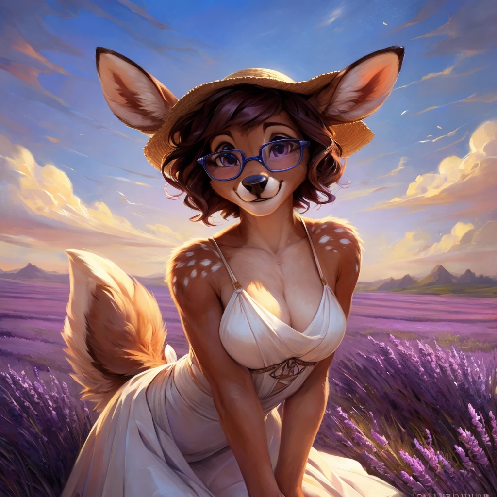 uploaded on e621, by Pixelsketcher, by Bayard Wu, by Thomas Benjamin Kennington , by Einshelm, by hioshiru and kenket, Chunie, portrait, solo anthro female deer doe, with small featureless breasts, clear dark blue, cinematic lighting, day, sunny day, lavender field, stays in a lavender field, lavender field background, mediterranean background, horizon background, shiny, short curly dark brown hair, wears big black nerd glasses, very very beautiful furry art, furry art, smiling, joyful, shiny, happy, feminine, cute face, muzzle, fluffy chest, flawless face, Fallow deer, 1girl, Sakimichan is beautiful, Masterpiece, Wavethesallow Face, shiny, Detailed image, portrait, Detailed image, portrait, full body, wearing pure white and wide spaghetti straps dress, wearing big and wide beige summer straw hat, shiny, realistic face, perfect anatomy, hourglass body, (furry body:1.1), anthropomorphic deer, looks at the viewer, small fluffy tail, detailed background, (cute anatomy:1.1), stands in a lavender field