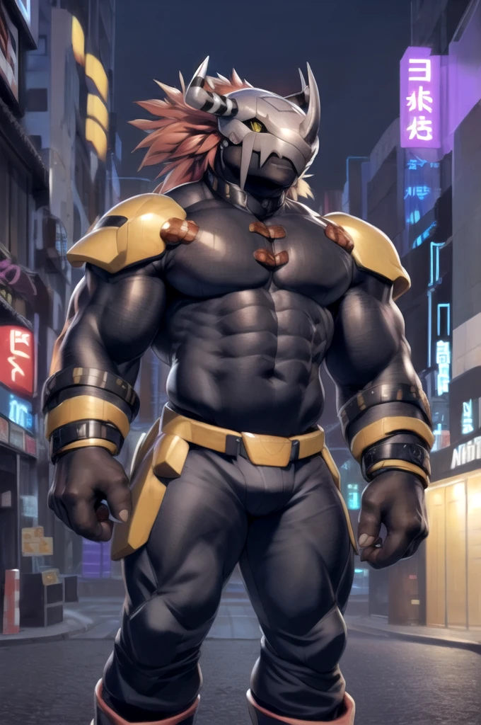 (by null-ghost, by darkgem, by kumak), (wargreymon), safe, markings, black sclera, yellow eyes, male, solo, wearing jacket, pants, solo, muscular, colar, fancy, black shirt, night, city, tokyo, street, akihabara, neon lights,