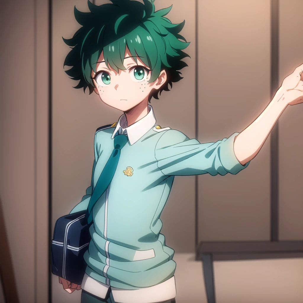 izukumidoriya, FEMALE izuku midoriya, midoriya izuku, short hair, (green eyes:1.3), female focus, green hair, messy hair, freckles,
BREAK shirt, , jacket, necktie, red necktie, grey jacket, u.a. ,
BREAK indoors, classroom,
BREAK looking at viewer, (cowboy shot:1.5),
BREAK (masterpiece:1.2), best quality, high resolution, unity 8k wallpaper, (illustration:0.8), (beautiful detailed eyes:1.6), extremely detailed face, perfect lighting, extremely detailed CG, (perfect hands, perfect anatomy),