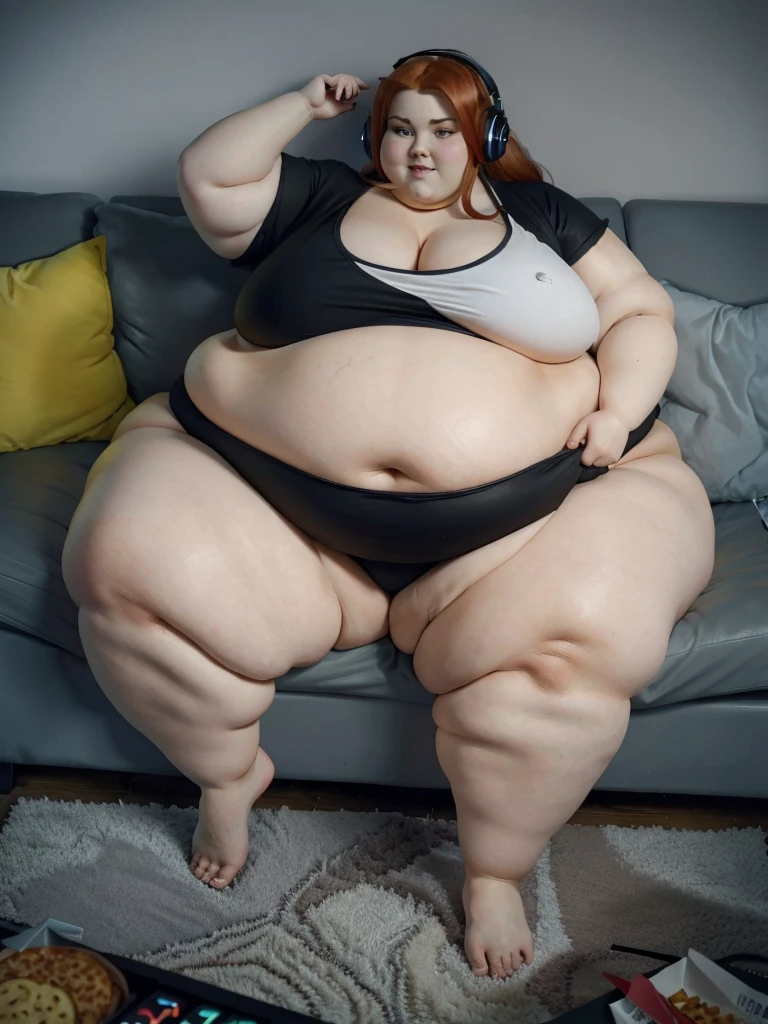 A happy Gamer photo of a young beautiful bottom heavy Gamer redhead ssbbw with pear-bodyhape, extreme wide hips, with long ginger hair soft fat belly, extremely wide fat obese hips, very obese legs, thick fat wide legs and fat arms, huge wide butt, cute pretty face, fat saggy breasts, in comfortable gamer clothes, Wearing a headphone on her head, sitting on a couch eating a lot of snacks, there is a pizza and a lot of snacks next to her on the couch, barefoot on a fluffy carpet, huge amount of snacks on carpet and on the couch