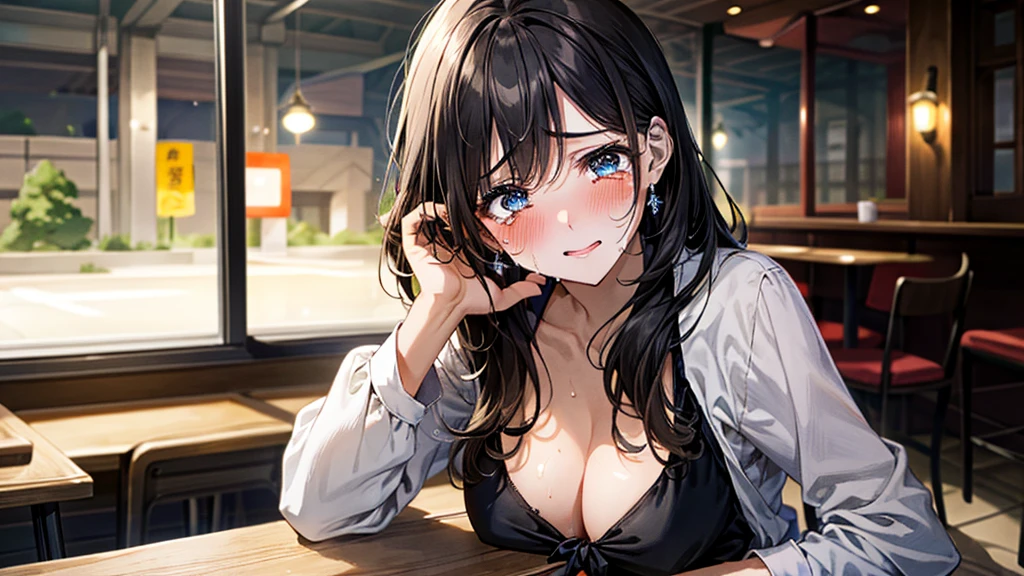 (masterpiece:1.3, Top quality, Ultra-high resolution, Extremely detailed), (Practical, photoPractical:1.4), Nice illustration, Perfect lighting, Natural Lighting, rich and colorful, Depth of Field, ,
Large :0.8, Attractive thighs),
masterpiece,best quality,1girl,独奏,black hair,long hair,blue eyes,sad,shouting,tears,(drunk,blush),sitting,drinking,((Mature ody)),Bk stockings,holding mug,counter,pub,