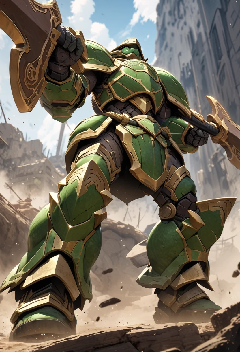 extremely detailed green and brown armor based off of a turtle made of earth wielding a massive 2 handed hammer