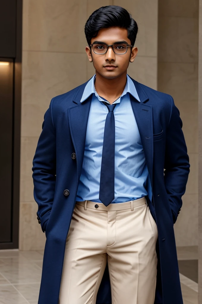 21 year old indian boy With fair skin Wearing spectacles and narrow body Posing for a linkedin picture in formals coat