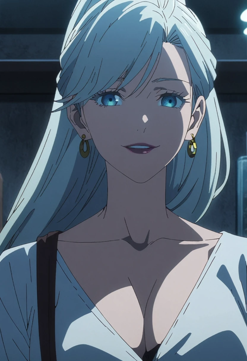 1girl, female gojo satoru, anime screencap from jujutsu kaisen, gojo satoru female version, solo, long_hair, blue eyes ((White_hair, swept bangs)), night view, (hanging breasts) upper_body, smile, indoors, book, blue_eyes, lips, (high ponytail) ((wearing casual outfit)) breast, "very detailed and high resolution" (blue eyes) ((long hair)) ((solo)) (front view) (earings) ((high resolution)) ((good quality)) ((swept bangs))cleavage (wearing round sunglasses))