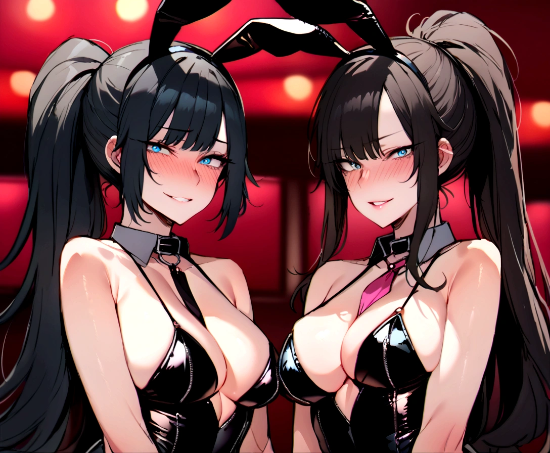 masterpiece, best quality 2girl, beautiful women, bangs, black hair, very long hair, ponytail, blue eyes, deep blush, grin, large breasts, black dog collar, black playboy bunny outfit, cowboyshot, looking at viewer, strip club background