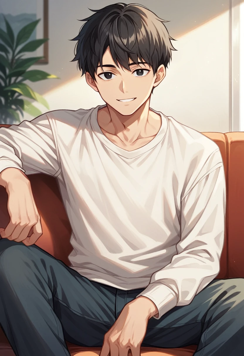 1boy, Accurate describe shapes, collarbone, straight hair, short hair, black hair, black eyes, sweater, pants, solo, close-up, solo, sitting, sofa, indoors, looking at viewer, smile