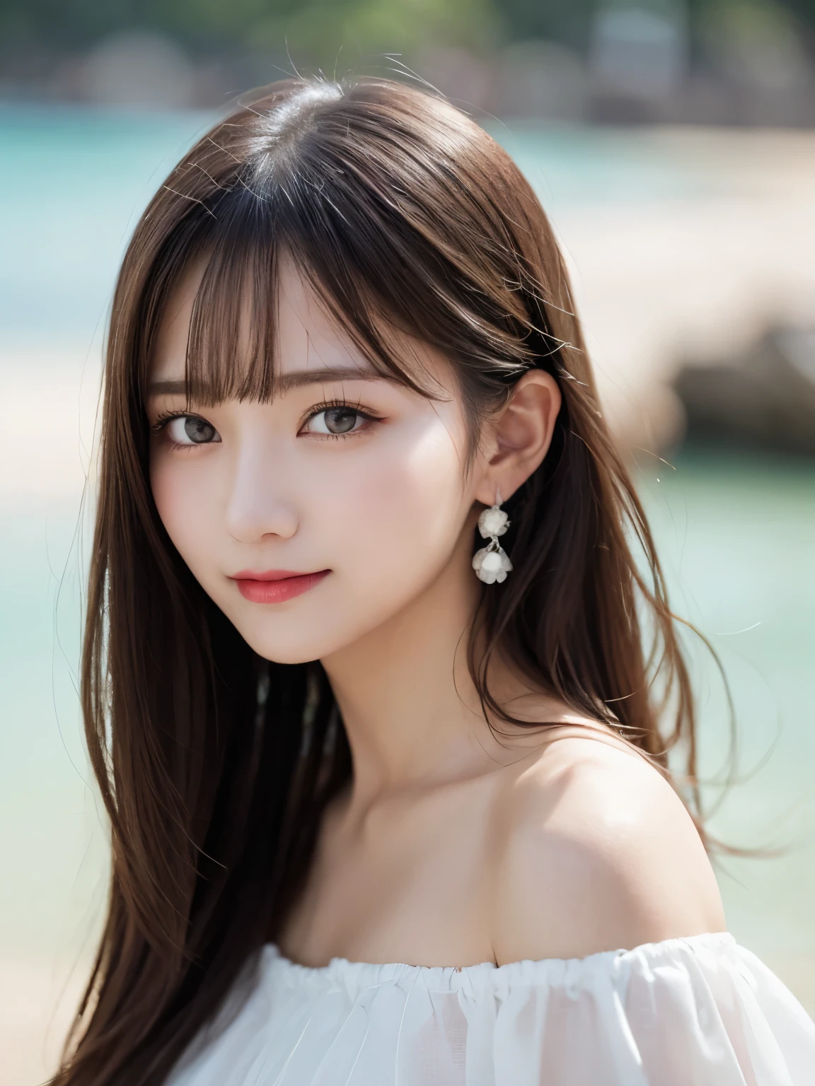 table top, highest quality, shape, Super detailed, finely, High resolution, 8k wallpaper, Perfect dynamic shape, beautiful and detailed eyes, D cup, natural color lip, random sexy pose,smile、20 year old girl、midnight、Beautiful and dense face、perfect and beautiful face,Big eyes、real photos(best image quality),Sheer off-shoulder dress (off white)、looking at camera、Please stand、Do gal makeup,blurred private beach background