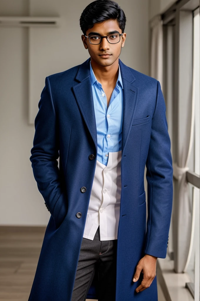 21 year old indian boy With fair skin Wearing spectacles and narrow body Posing for a linkedin picture in formals coat