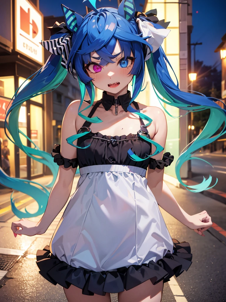 (Masterpiece, best quality, high res、highly detailed cg: 1)、Street whore、slut, lipstick、nsfw、Night town, Twin_Turbo_Umamusume, aqua hair, twintails, heterochromia, purple eyes, blue eyes, sharp teeth, (flat chest), hores tails