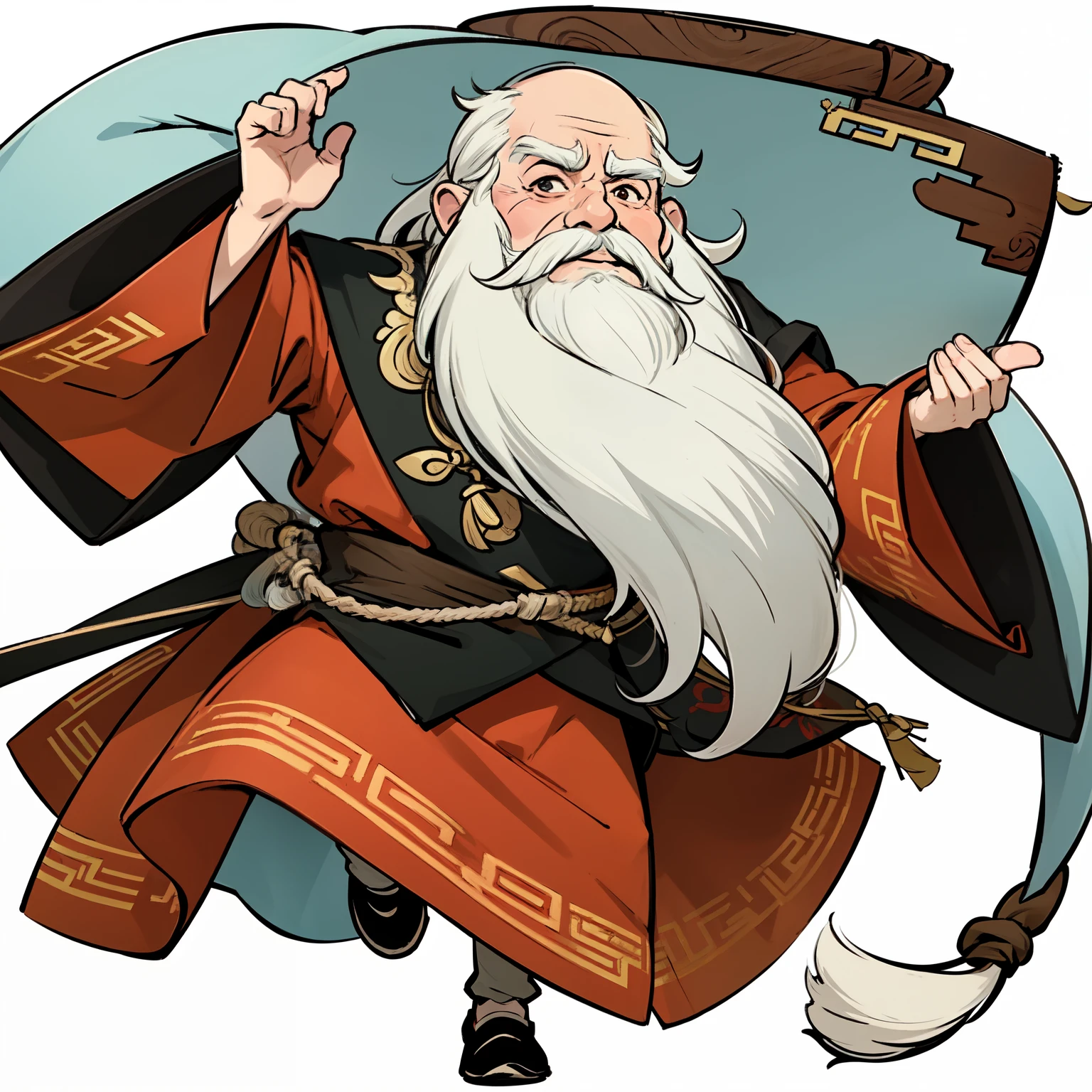 qgufeng，Old man with white beard，Exaggerated beard，Chinese style，white background,full body, chibi