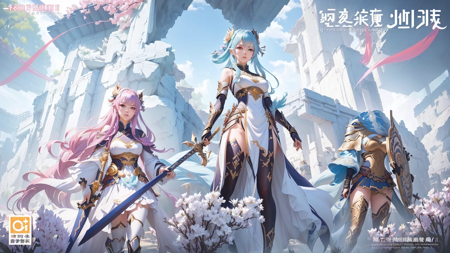 Poster close-up：A group of women holding swords, Kushat krenz key art feminine, Popular on cgstation, 2. 5D CGI anime fantasy artwork, Genshin Impact, Game CG, Official Art, pixiv 3dcg, by Qu Leilei, Official Artwork, Kushat, Anime Cover, xianxia hero, Official concept art