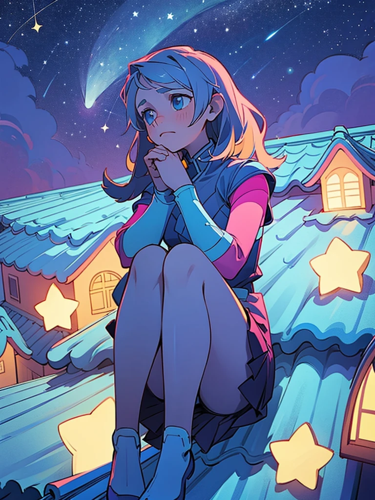Girl sitting on the roof of a house, clasping your knees with your hands, and looks thoughtfully at the night sky, Star-studded. She's wearing a cozy sweater and her favorite cat socks.. Nearby there is a mug with still warm cocoa. The atmosphere is quiet and peaceful