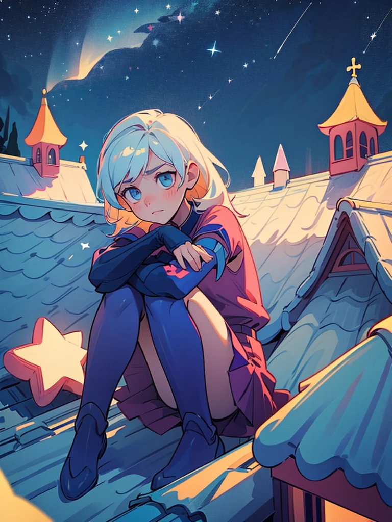 Girl sitting on the roof of a house, clasping your knees with your hands, and looks thoughtfully at the night sky, Star-studded. She&#39;s wearing a cozy sweater and her favorite cat socks.. Nearby there is a mug with still warm cocoa. The atmosphere is quiet and peaceful