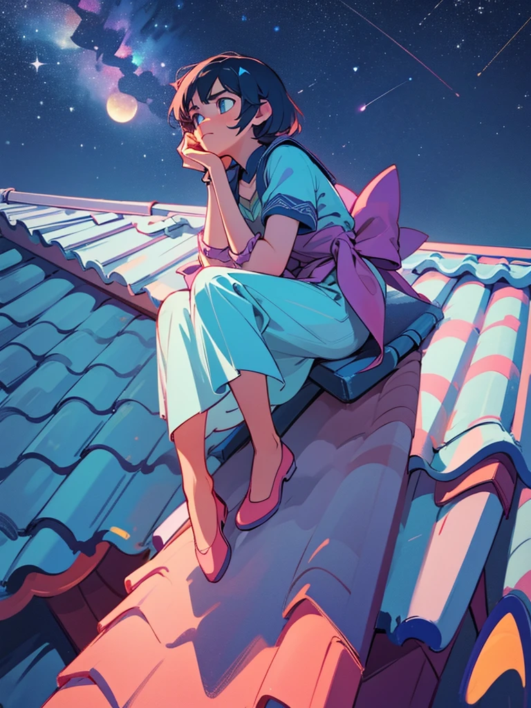 Girl sitting on the roof of a house, clasping your knees with your hands, and looks thoughtfully at the night sky, Star-studded. She's wearing a cozy sweater and her favorite cat socks.. Nearby there is a mug with still warm cocoa. The atmosphere is quiet and peaceful
