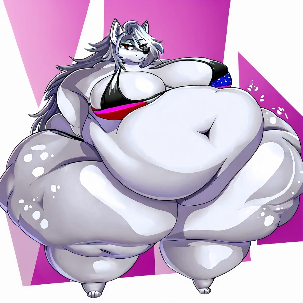 Silver wolf, female, huge breasts, huge hips, huge thighs, plump, voluptuous, morbidly obese, fat arms, fat legs, belly rolls, fat rolls,silver body,white spots,white markings, silver eyes,silver hair,shiny hair,messy hair,bikini,huge belly
