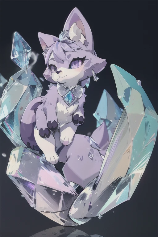 ((best quality)), ((masterpiece)), (detailed), animated purple and grey color fox, purple and grey color crystal fur, crystal shaped tail, large crystal on its head