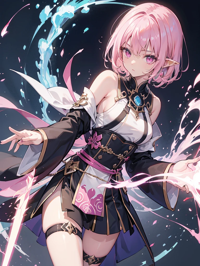 woman, 10th Generation、Dark Elf, Dark Skin,、short hair, Pointed Ears, Pink Hair、翠の目、aggressive