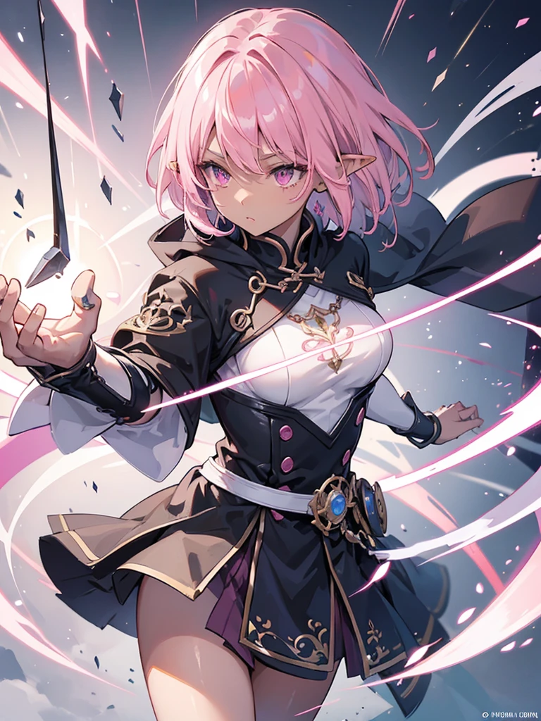 woman, 10th Generation、Dark Elf, Dark Skin,、short hair, Pointed Ears, Pink Hair、翠の目、aggressive